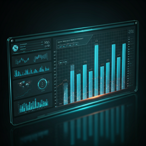 Dashboard de analítica con gráficos brillantes y visualización 3D